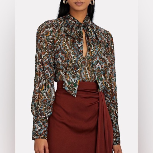 Veronica Beard Zaylee Paisley Lurex Multicolor Tie-Neck Silk Blouse EUC Size 6 - Picture 1 of 12